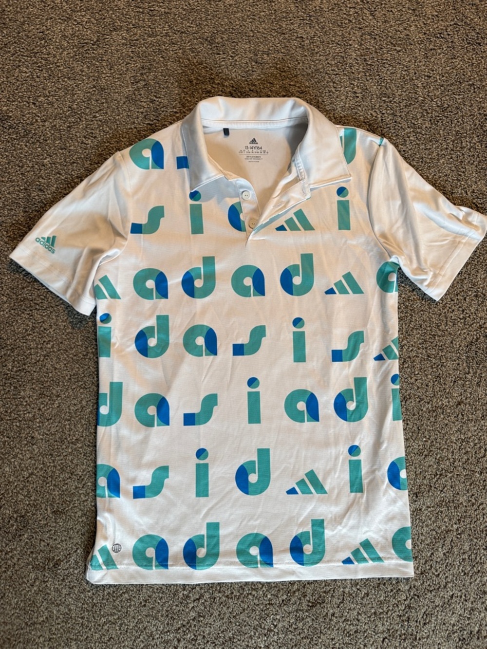 adidas White Polo with Teal and Blue Graphic Print